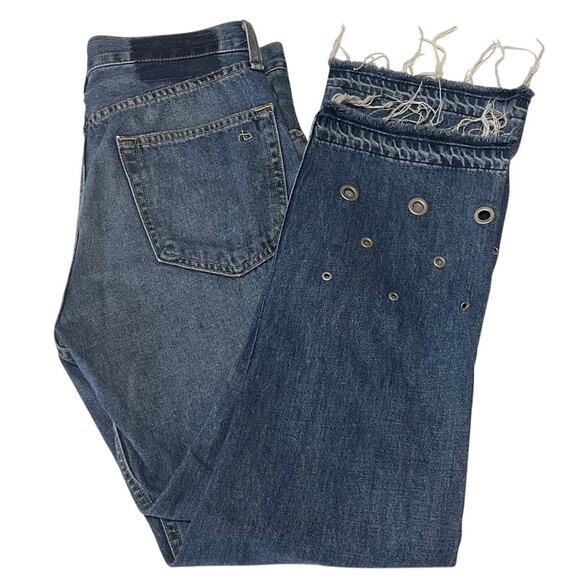 Rag & Bone Cropped Jeans Studded Grommet Straight Leg Eyelet Raw Hem Denim Sz 26 - Picture 10 of 11